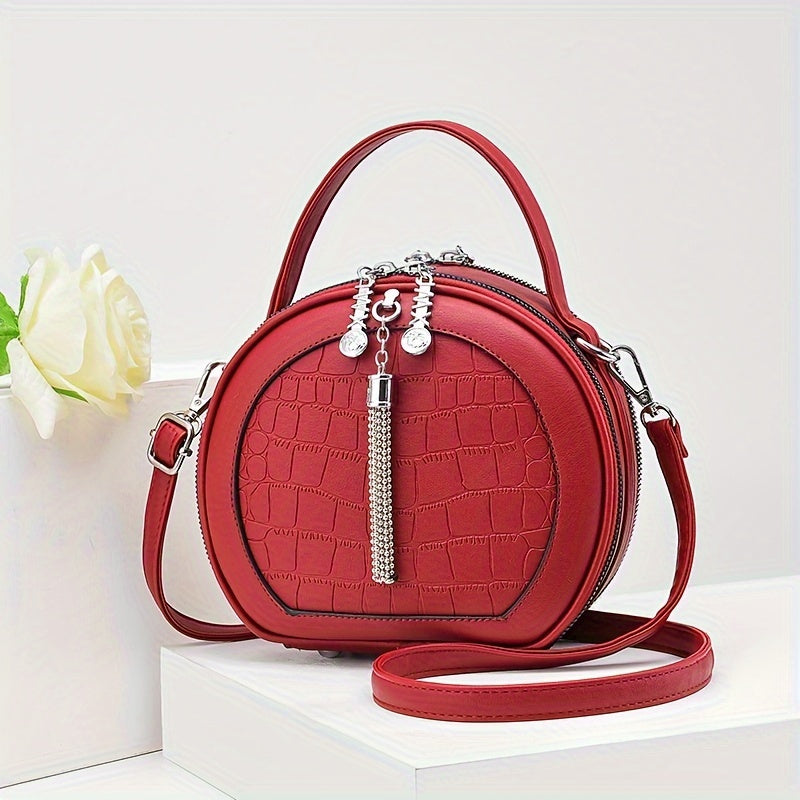 Round Crocodile Pattern Handbag, Fashion Mini Crossbody Bag, Women's Zipper Shoulder Purse