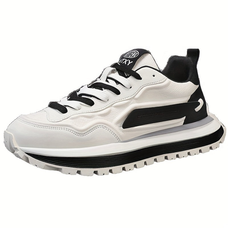 Men's Breathable Casual Sneakers - Trendy Low-Top Lace-Up Sneakers with Soft Rubber Sole, White & Black Design for Spring/Summer, Perfect for Running and Casual Attire, Versatile Running Footwear | Sporty Aesthetic Shoes | Co
