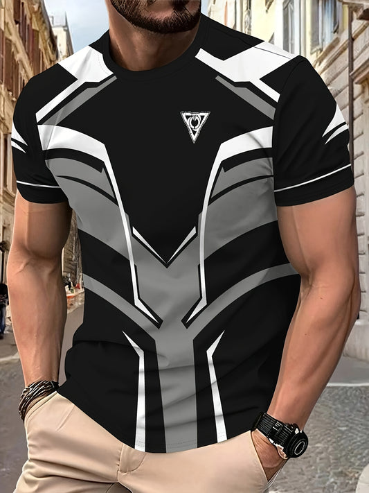 Men's Lightweight Summer T-Shirt - Black/White Print Tee with Modern Angular Lines - Breathable Fabric for Everyday & Formal Outfits - Casual Crewneck Shirt for Hot Weather, Summer T Shirts, Stylish Streetwear, Nontransparent