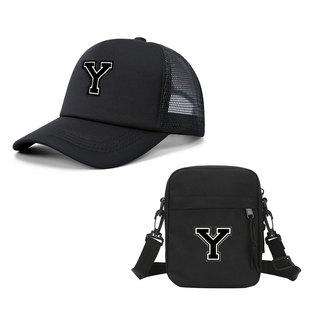 2pcs Men'S And Women'S 26-Letter Printed Trucker Hat & Bag Set, Mesh Breathable Versatile Casual Sun Hat, Suitable for Holiday Vacation, Mountain Climbing, Camping, Outdoor Street And Other Scenes, Suitable As a Birthday, Hol