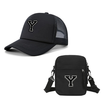 2pcs Men'S And Women'S 26-Letter Printed Trucker Hat & Bag Set, Mesh Breathable Versatile Casual Sun Hat, Suitable for Holiday Vacation, Mountain Climbing, Camping, Outdoor Street And Other Scenes, Suitable As a Birthday, Hol