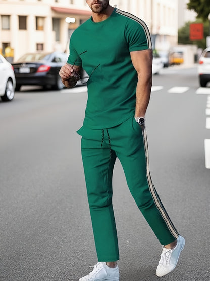 Cross-Border New Summer 2pcs Short-Sleeved T-Shirt And Long Pants Casual Men'S Casual Outdoor Sports Suit, Side Stripe Casual And Fashionable Men'S 2pcs Set