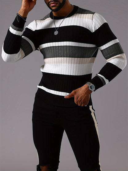 Men's Striped Color-Block Ribbed Knit Sweater - Long Sleeve Round Neck Pullover with Elastic Comfort Fit, Machine Washable Casual Fall Winter Top in Black/White/Green/Beige, Knit Sweater, Medium Elasticity