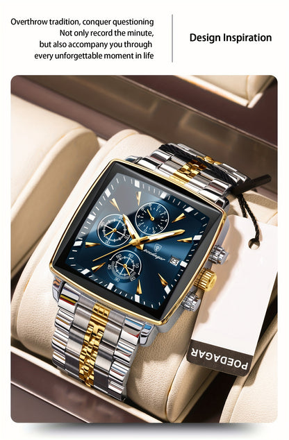 POEDAGAR Men's Stainless Steel Luminous Watch - Blue Dial Chronograph, High Quality Quartz Movement with Date Calendar, Golden-Tone Accents for Business Casual & Casual Attire, Formal Accessory, Stylish Accessory, Refined Cra