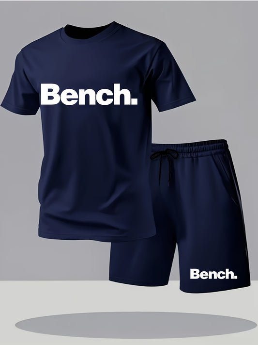 Summer Men'S Casual Sports Short Sleeve T-Shirt and Shorts Set, Knitted Polyester Fabric, Comfortable Breathable, Bench. Letter Print Design - 2pcs