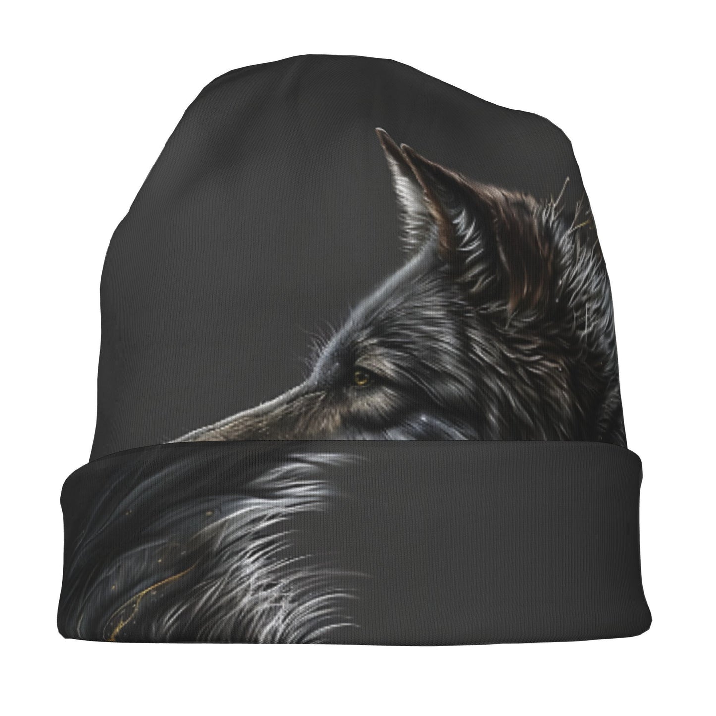 Night Moon Wolf Realistic Wolf Head Design Skull Cap Beanie Hat - Black Unisex Hip Hop Fashionable Winter Hat for Men & Women, Cold Weather Accessory, Stylish Headwear, Highquality Print