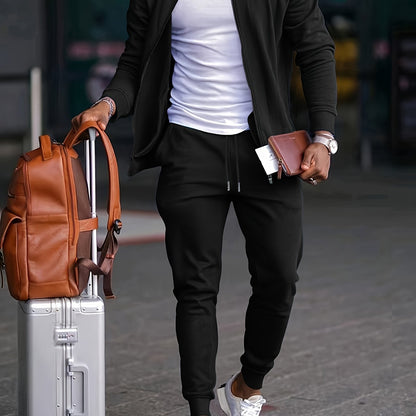 2pcs Men'S Casual Sports Sweatsuit Set, Polyester Knit Fabric, Baseball Collar, Slight Stretch, Solid Color, Regular Fit, with Pockets, for Fall/Winter - Lounge & Weekend Casual Outfit