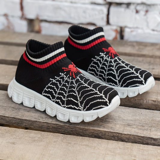 Spider Slip-On Sneakers for Youngsters - Spider Web Embroidery Design, Breathable Fabric & Lightweight EVA Sole, Anti-Slip Comfortable Casual Shoes for Boys and Girls, Shoes for Girls, Youngsters Slipon Footwear, Fun Youngste