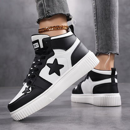 Women's Outdoor Autumn and Winter Thickened Warm Star Pattern Fashionable Versatile Simple High-Top Lace-Up Soft Sole Campus Sneakers for Multi-Purpose Sports and Casual Wear