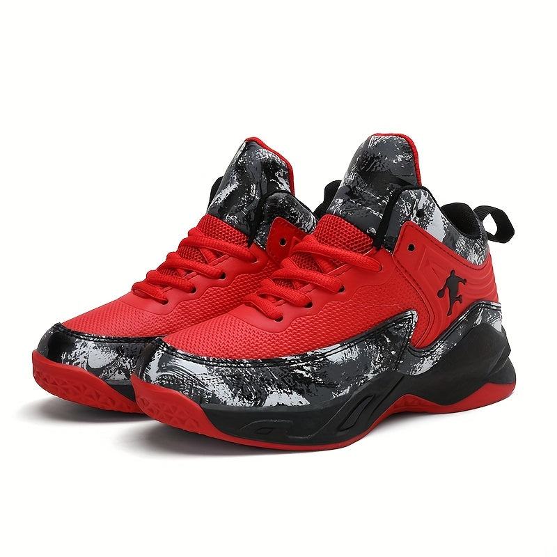 Youth Mid-Top PU Sports Sneakers - Comfortable, Lace-Up Basketball Shoes with Red & Black Design, TPR Sole for Outdoor Training, Running & Casual Wear, Basketball Shoes