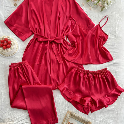 Women'S All-Season V-Neck Pajama Set - Comfortable, Sexy, Polyester 4pcs Sleepwear with Tie Waist And Drawstring Shorts, Perfect for Autumn And Winter, Autumn Winter Sleepwear | Stylish Sleepwear | Polyester Fabric