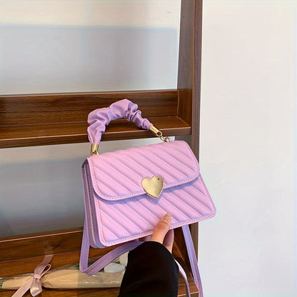 Women'S Fashion Shoulder Bag, Korean Version, Faux Leather, Quilted Solid Color, Heart Accent, Removable Strap, Magnetic Closure, Synthetic Faux Leather Lining, Painted Edges, Versatile Crossbody Purse - Available in Black, R