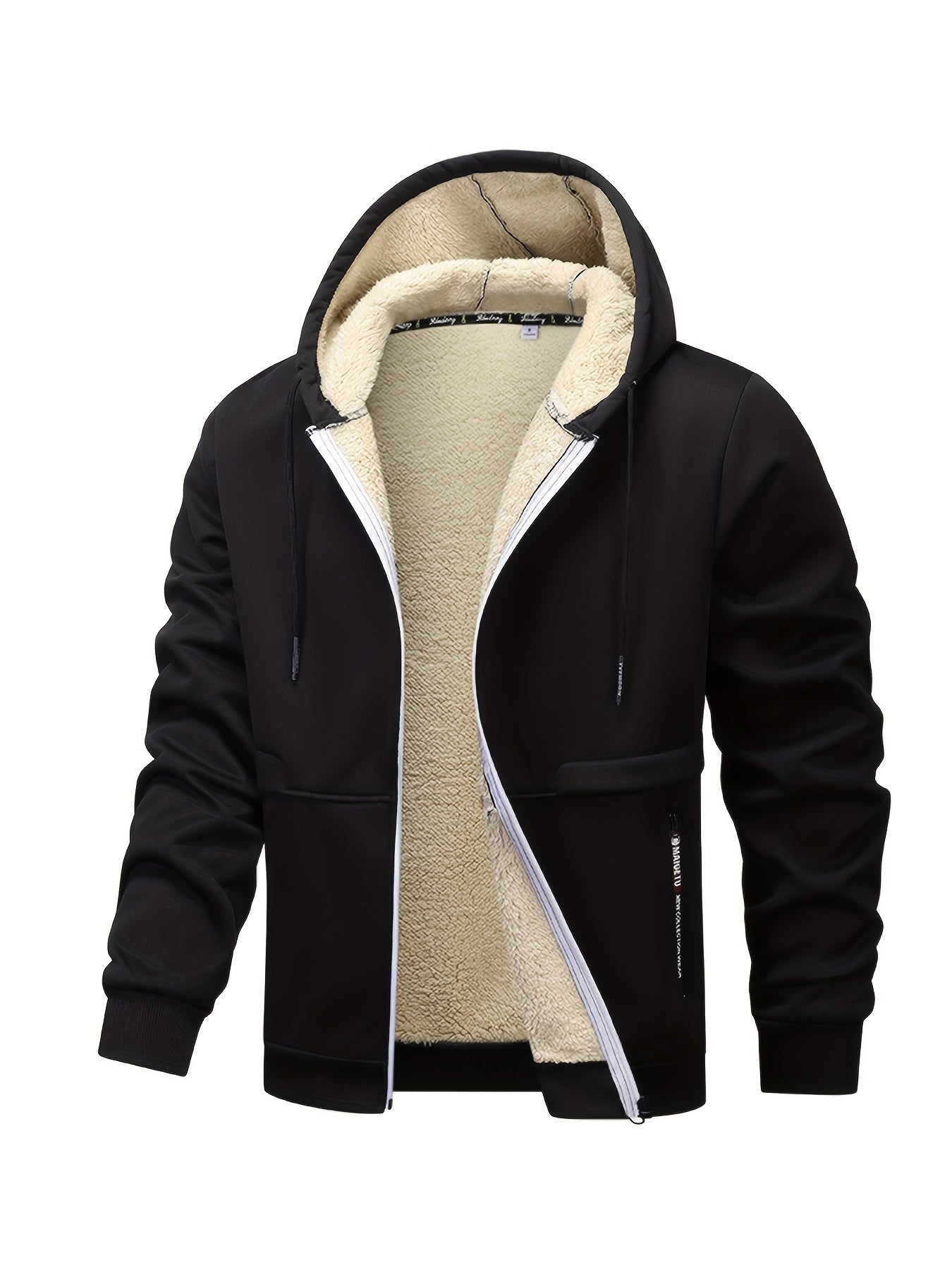 1pc Men'S Casual Style Hooded Jacket, Thick Fleece Lined, Warm Autumn/Winter Fashion, Solid Color, Polyester Knit with Pockets, Regular Fit
