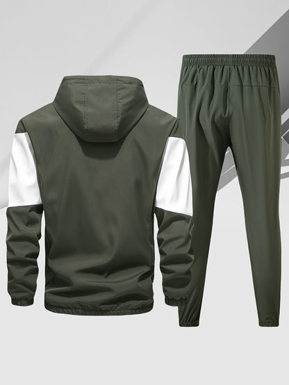 Men's Casual 2-Piece Outfit, Stylish Color Block Zip Up Hooded Jacket, Breathable Solid Color Drawstring Pants