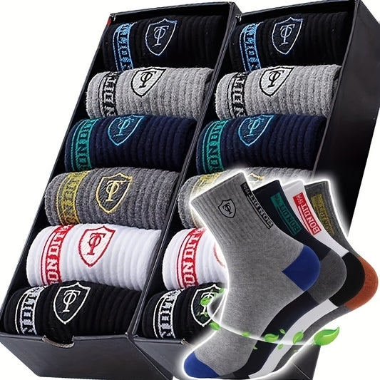 15 Pairs Men's Sports Socks - Breathable Thick Warm All-Season Athletic Socks with Colorful Letter Design, Comfortable for Running, Gym, Casual Wear