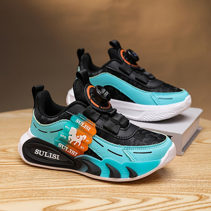 Kid's Trendy Colour Block Sneakers with Rotating Buckle, Comfy Non Slip Durable Shoes for Boy's & Girl's Outdoor Activities
