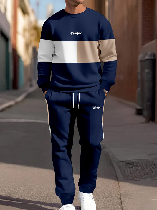 Men's Casual Crew Neck Sweatshirt & Joggers Set - Color Block, Polyester Blend, Machine Washable - Perfect for Spring/Fall, Leisure Style, Conventional Version, Spring/Autumn