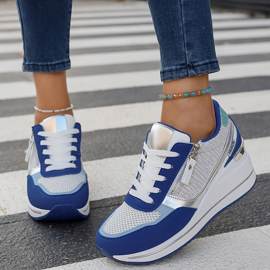 Women'S Fashionable Atmospheric Casual Shoes, Thickened Heightened Non-Slip Anti-Slippery Durable, Blue, with Stabilizing Support, Mesh Fabric Upper, Man Made Materials (Polyurethane) Upper, Fabric Inner, PVC Sole, Fabric Ins