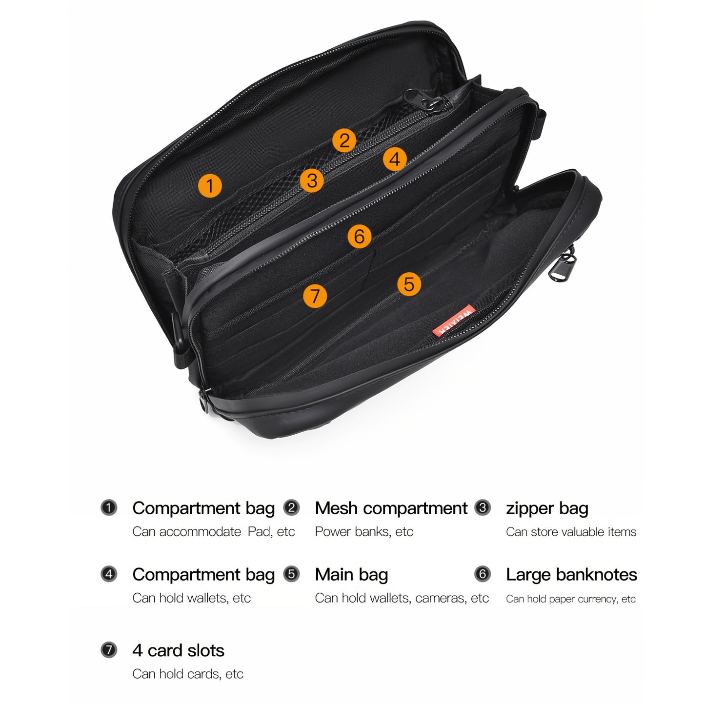 WEIXIER Men's Casual Nylon Handbag - Large Capacity with Adjustable Wrist Strap, Sleek Black for Daily Use, Valentine's Day Gift for Him, Outdoor Bag | Casual Style | Nylon Material