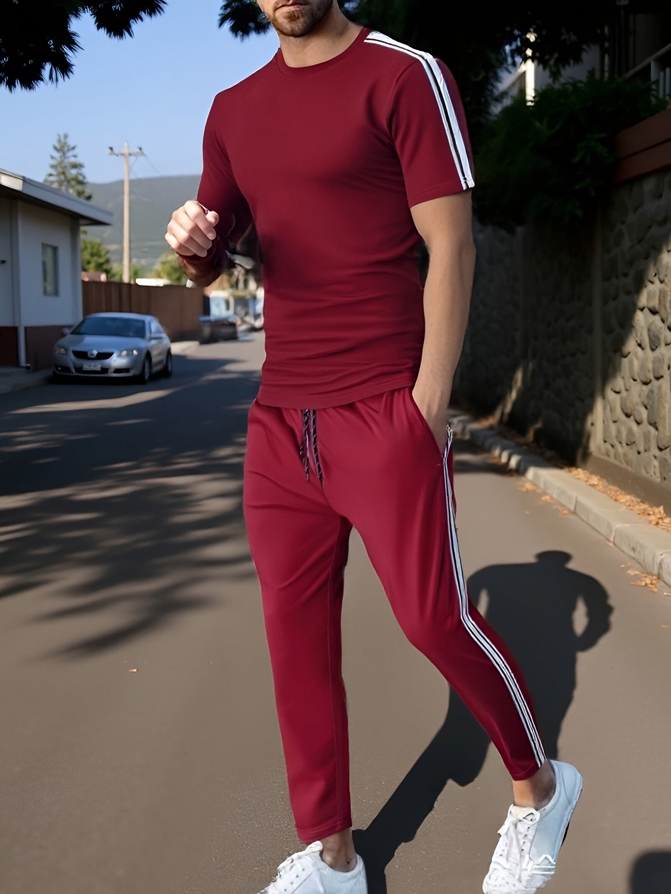 Cross-Border New Summer 2pcs Short-Sleeved T-Shirt And Long Pants Casual Men'S Casual Outdoor Sports Suit, Side Stripe Casual And Fashionable Men'S 2pcs Set