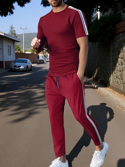 Cross-Border New Summer 2pcs Short-Sleeved T-Shirt And Long Pants Casual Men'S Casual Outdoor Sports Suit, Side Stripe Casual And Fashionable Men'S 2pcs Set