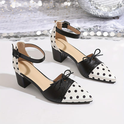 Women'S Sexy Polka Dot Mary Jane Pumps with Bow Detail - Pointed Toe, Block Heel, Ankle Strap, Summer Fashion Show Shoes, Hollow Design, Synthetic Cover & Rubber Sole, Summer Fashion Shoes | Polka Dot Pattern | Rubber Sole Fo