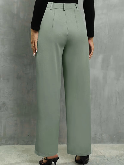 Women's Elegant High-Waist Light Blue Straight-Leg Pants - Polyester, Machine Washable, Faux Pocket Detail, Ideal for Fall/Winter, Autumn Winter Clothing | Elegant Casualwear | Smooth Texture