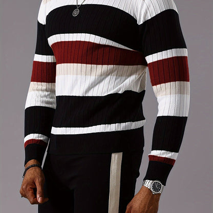 Men's Striped Color-Block Ribbed Knit Sweater - Long Sleeve Round Neck Pullover with Elastic Comfort Fit, Machine Washable Casual Fall Winter Top in Black/White/Green/Beige, Knit Sweater, Medium Elasticity