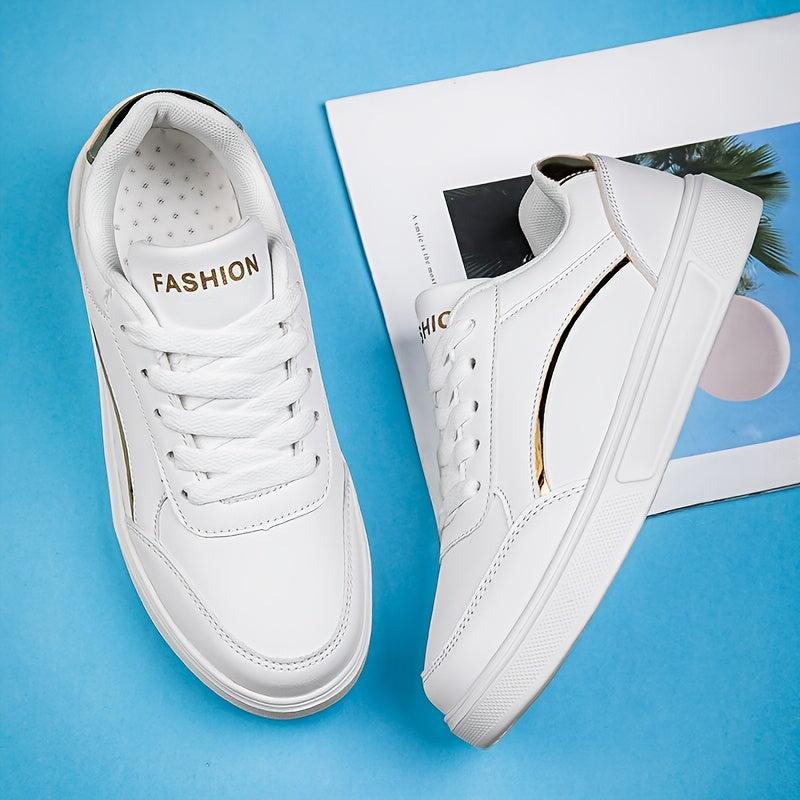 Youngsters' Fashion Sneakers - White PU Upper with Golden Accents, Comfortable & Lightweight Casual Running Shoes for Boys and Girls, All-Season Wear, Low-Top Lace-Up Design, Outdoor Youngsters's Footwear | Fabric Lined Inter