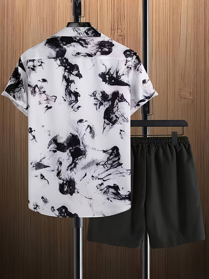 2pcs, Men'S Short-Sleeved Button- Collar Shirt, Print Pattern, Paired with Drawstring Shorts, Men'S Trendy Casual Daily Wea