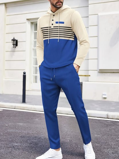 New Men's Casual Set Outdoor Versatile High Fashion Men's Hoodie Color blocked Striped Long Sleeve Top Long Pants Two Piece Set for Men