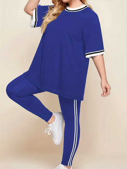 Women'S Plus Size Casual Lounge Set - Gray & White Striped Oversized T-Shirt with Matching Joggers, Comfortable All-Season Home Outfit, Joggers for Women