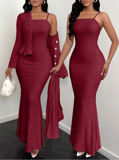 An elegant and stylish solid-color dress with a cardigan set, suitable for spring, summer, autumn, and winter seasons