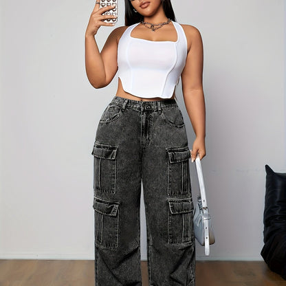 Women's Plus Size Casual Cargo Jeans with Multiple Pockets - High-Rise, Loose Fit Denim in Black, Light Blue & White, Perfect for Casual Attire, Casual Denim Wear | Utility Style Pants | Smooth Texture Jeans