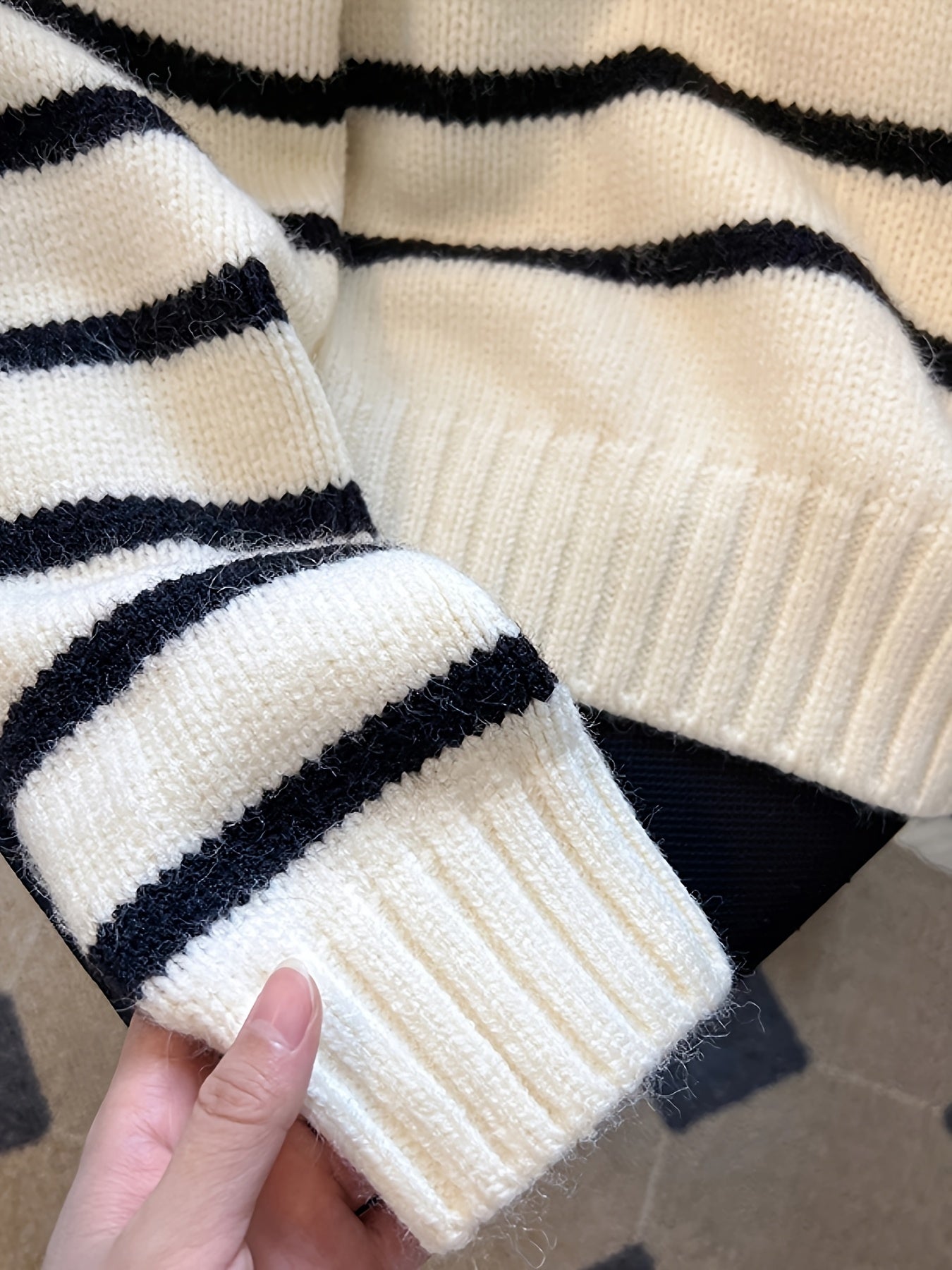 Striped Color Block Collared Sweater for Women Autumn Winter New Arrival Thick Half Zip Loose Soft Knit Top
