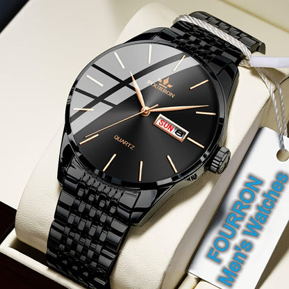 An Ideal Choice For A New FOURRON Brand Men's Luxury Stainless Steel Strap Simple Dial Quartz Watch With Date Calendar, Trendy Fashion Sports Casual Lifestyle Travel Multi-function Watch, Ideal For Friends' Birthdays, Holiday