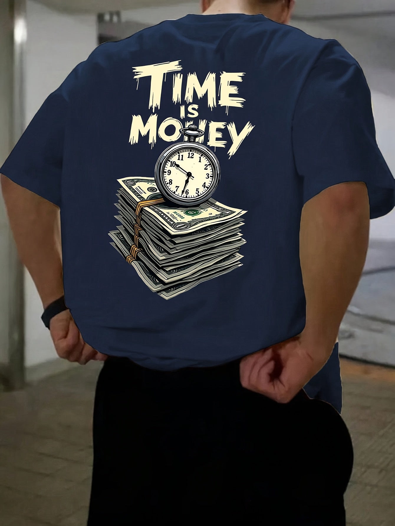 Men'S Casual Short Sleeve T-Shirt with "Time is Money" Clock & Stack of Cash Graphic - Lightweight Polyester, Loose Fit, Round Neck, Perfect for Spring & Summer Outdoor Wear, Relaxed Fit Shirt | Bold Graphic Tee | Glossy Text