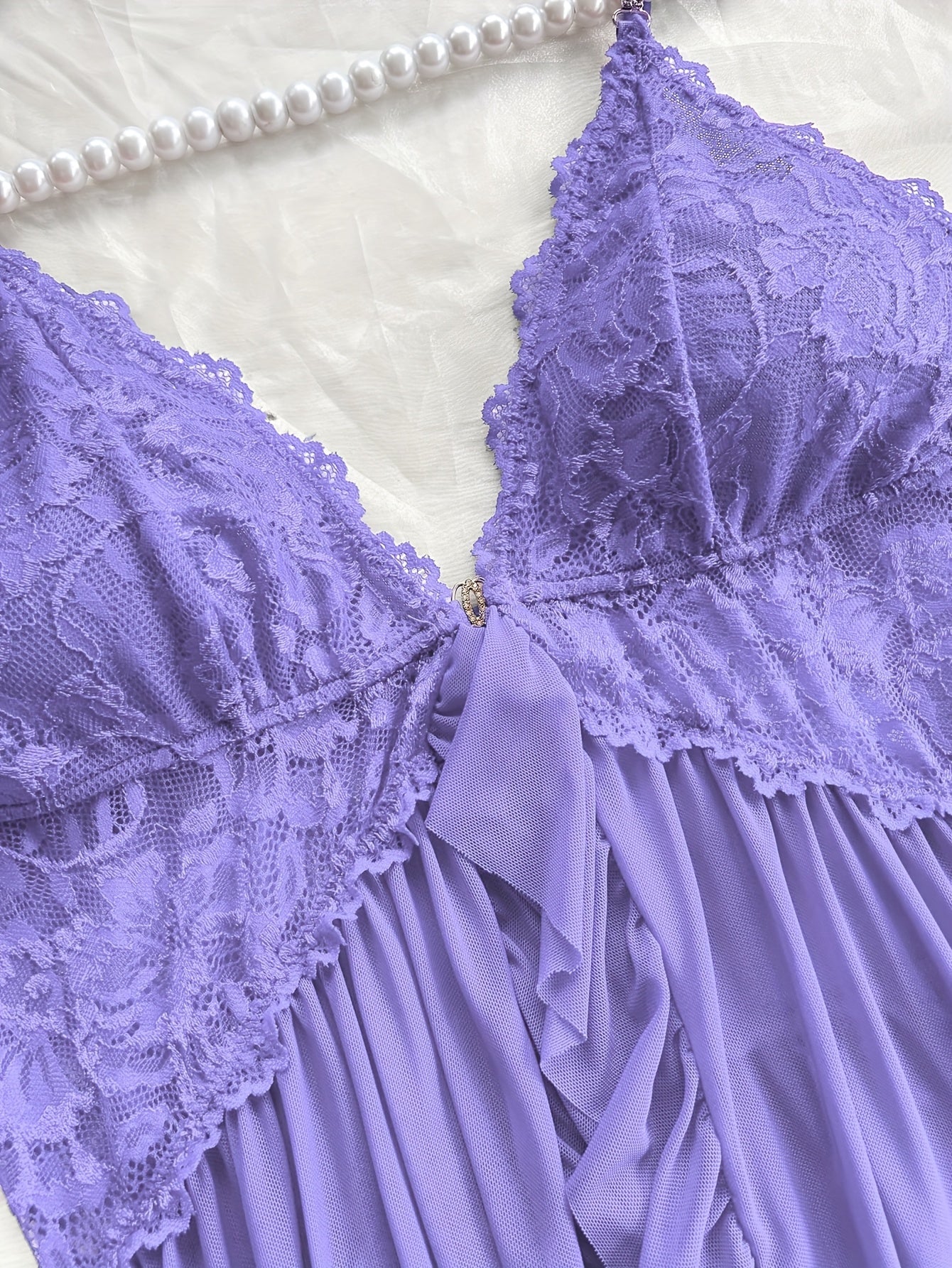 Sexy and Romantic Sleepwear Set, Solid Color Lace Camisole with Matching Panties, V-Neck Design Accentuating Elegant Neckline, Delicate Lace Pattern for Softness. Flared Hem and Ruffled Front Add Graceful Charm, Perfect for a