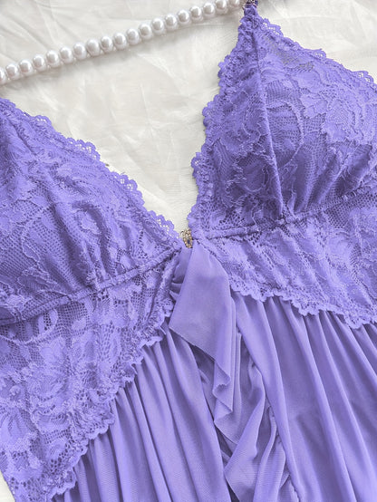 Sexy and Romantic Sleepwear Set, Solid Color Lace Camisole with Matching Panties, V-Neck Design Accentuating Elegant Neckline, Delicate Lace Pattern for Softness. Flared Hem and Ruffled Front Add Graceful Charm, Perfect for a