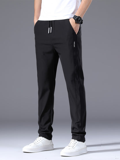 Men's Summer Casual Pants - Lightweight Stretch Nylon, Elastic Drawstring Waist, Straight Fit, Solid Black Trousers for Casual Attire, Adjustable Comfort Pants|Relaxed Look|Glossy Finish