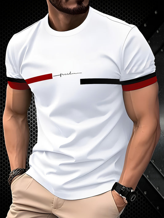 Men'S Casual Breathable T-Shirt - "Freedom" Graphic with Red & Black Stripes, Regular Fit Short Sleeve Tee for Outdoor Leisure, Comfortable Fabric, Casual Wear | Bold Graphic Tee | Comfortable Fit