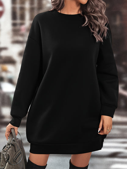 Elegant Women'S Fleece-Lined Sweatshirt Dress - Polyester Knit Fabric, Solid Color, Crew Neck, All-Season Loose Long Sleeve Casual Wear