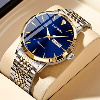 Banbony Unisex Stainless Steel Quartz Watch with Rhinestone Accents, Water-Resistant IPX7, Sleek HD Dial, Date Display, Golden-Tone Finish - Ideal for Casual Wear, Parties, and Gifts