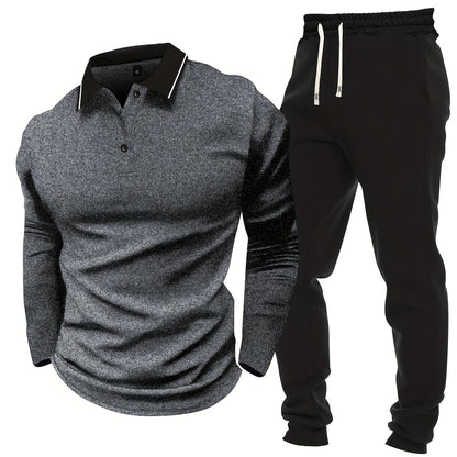 Men's Casual Color-Block Long Sleeve Button-Up Shirt & Drawstring Joggers Set - Polyester Blend, Pockets Included, Perfect for Spring/Fall