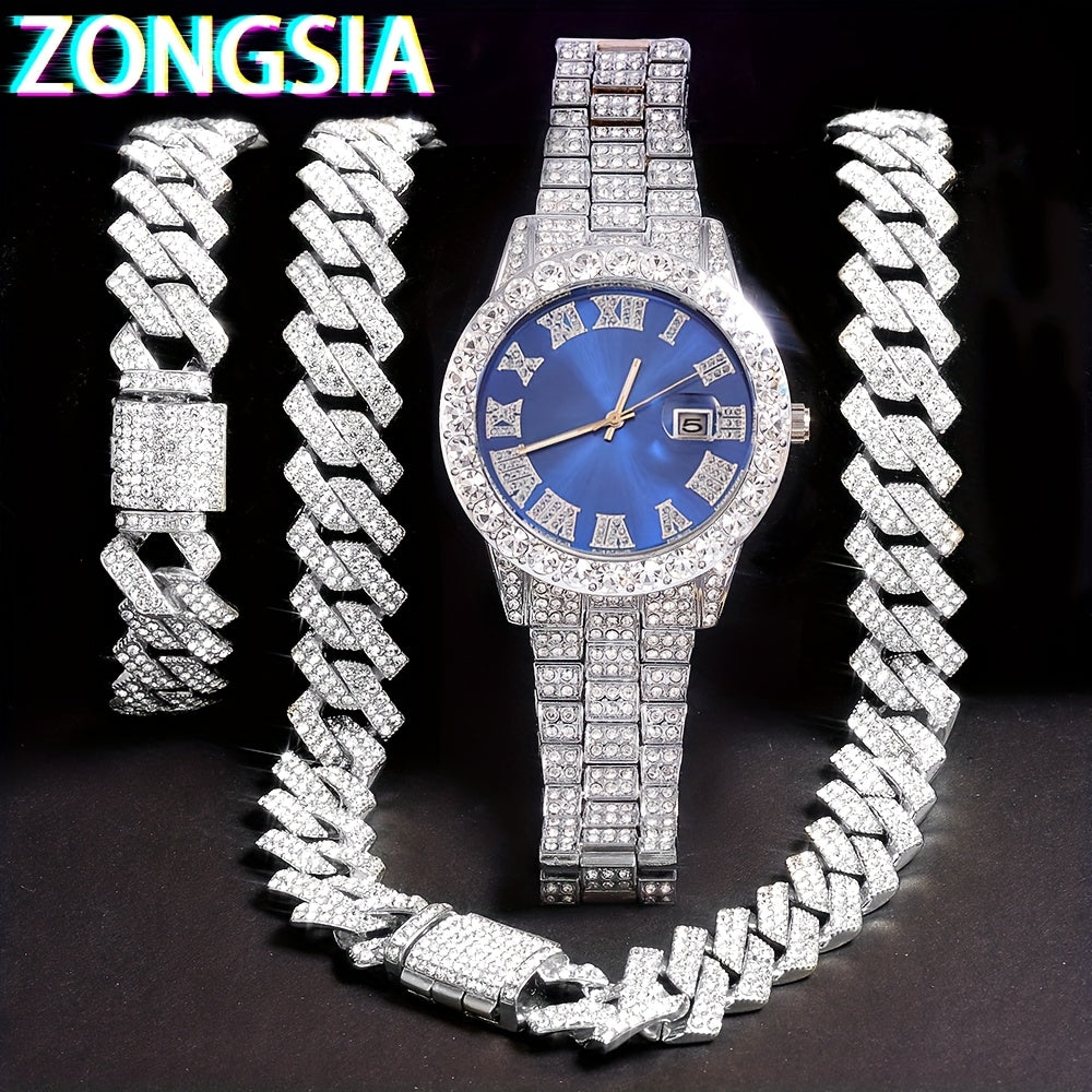 ZONGSIA Hip Hop Watch & Jewelry Set - Luxury Rhinestone-Encrusted Quartz Watch with Matching Bracelet and Necklace, Classic Male Fashion, PC Case, Alloy Strap, Electronic Drive, Non-rechargeable Button Battery, ZONGSI