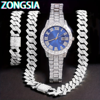 ZONGSIA Hip Hop Watch & Jewelry Set - Luxury Rhinestone-Encrusted Quartz Watch with Matching Bracelet and Necklace, Classic Male Fashion, PC Case, Alloy Strap, Electronic Drive, Non-rechargeable Button Battery, ZONGSI