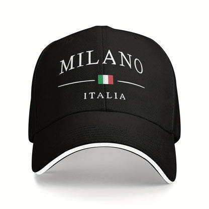 Adjustable Milan, Italy Print Baseball Cap - Breathable Polyester Dad Hat with Italian Flag Design, Black & White, Perfect for Outdoor Activities, Casual Wear, and Gifts