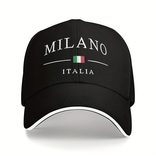 Adjustable Milan, Italy Print Baseball Cap - Breathable Polyester Dad Hat with Italian Flag Design, Black & White, Perfect for Outdoor Activities, Casual Wear, and Gifts