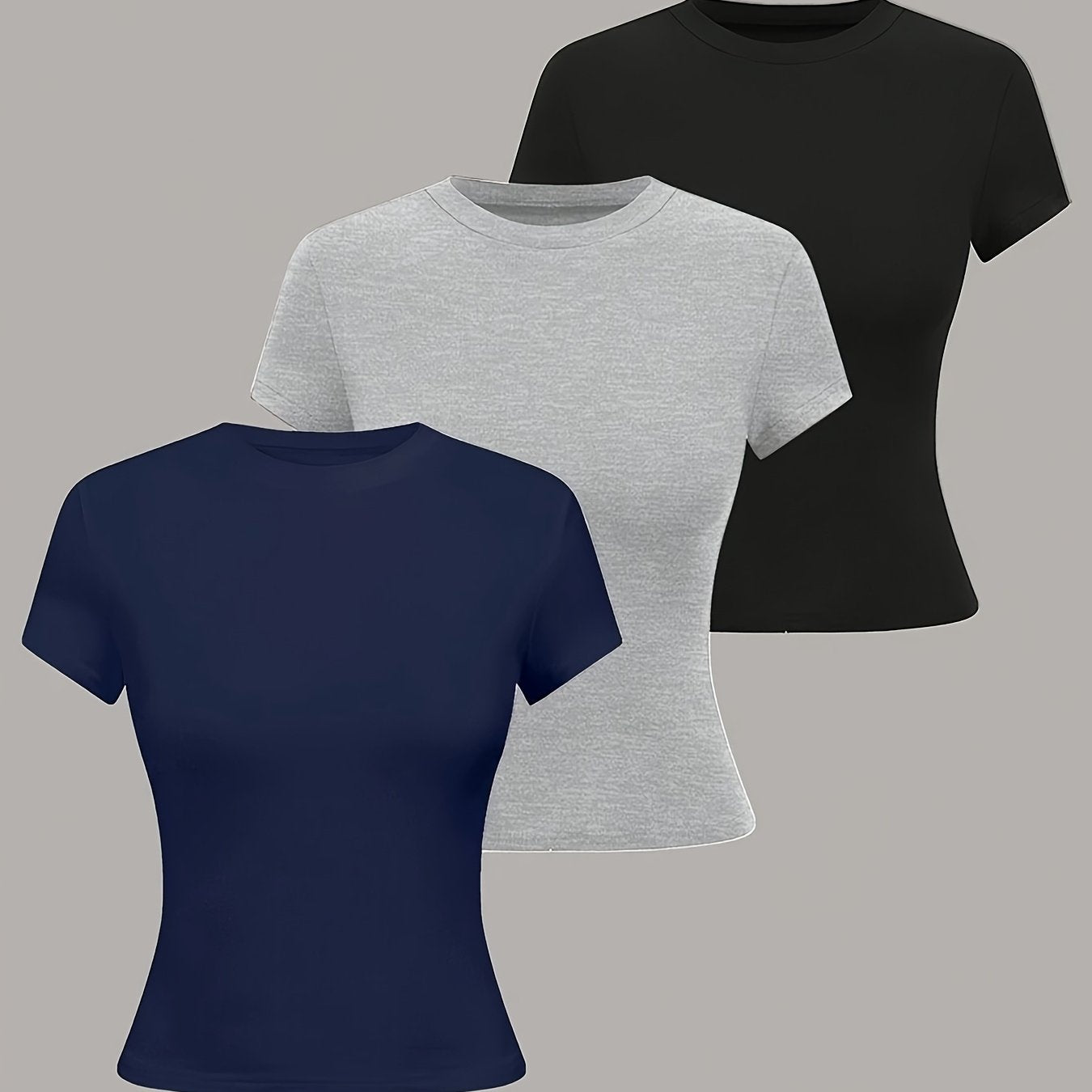 3pcs Women'S Basic Crew Neck Short Sleeve Crop T-Shirts in Black, White, and Gray - Slim Fit, Stretchy Polyester Blend, Cute & Versatile for Spring/Summer, Casual Outings, Vacation Attire | Basic Crop Top | Textur