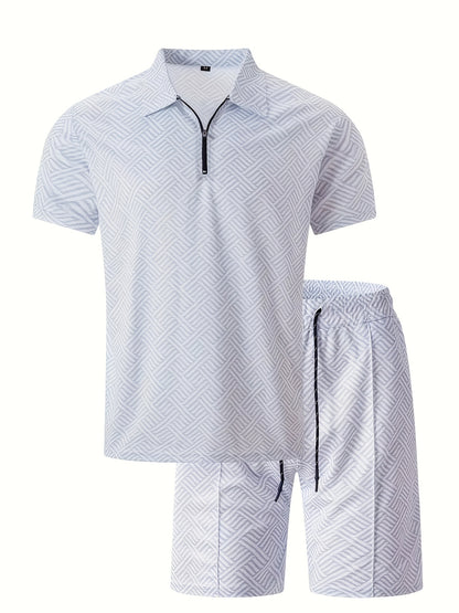 Men'S Tropical Print Casual Suit - Black Short Sleeve Zipper Shirt with White Pockets Shorts, Polyester, Machine Washable, Summer Beachwear, Summer Wear | Relaxed Fit Shirt | Woven Texture